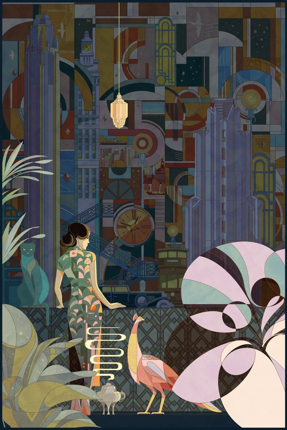 Art Deco-style illustration inspired by Shanghai architecture and modern city life