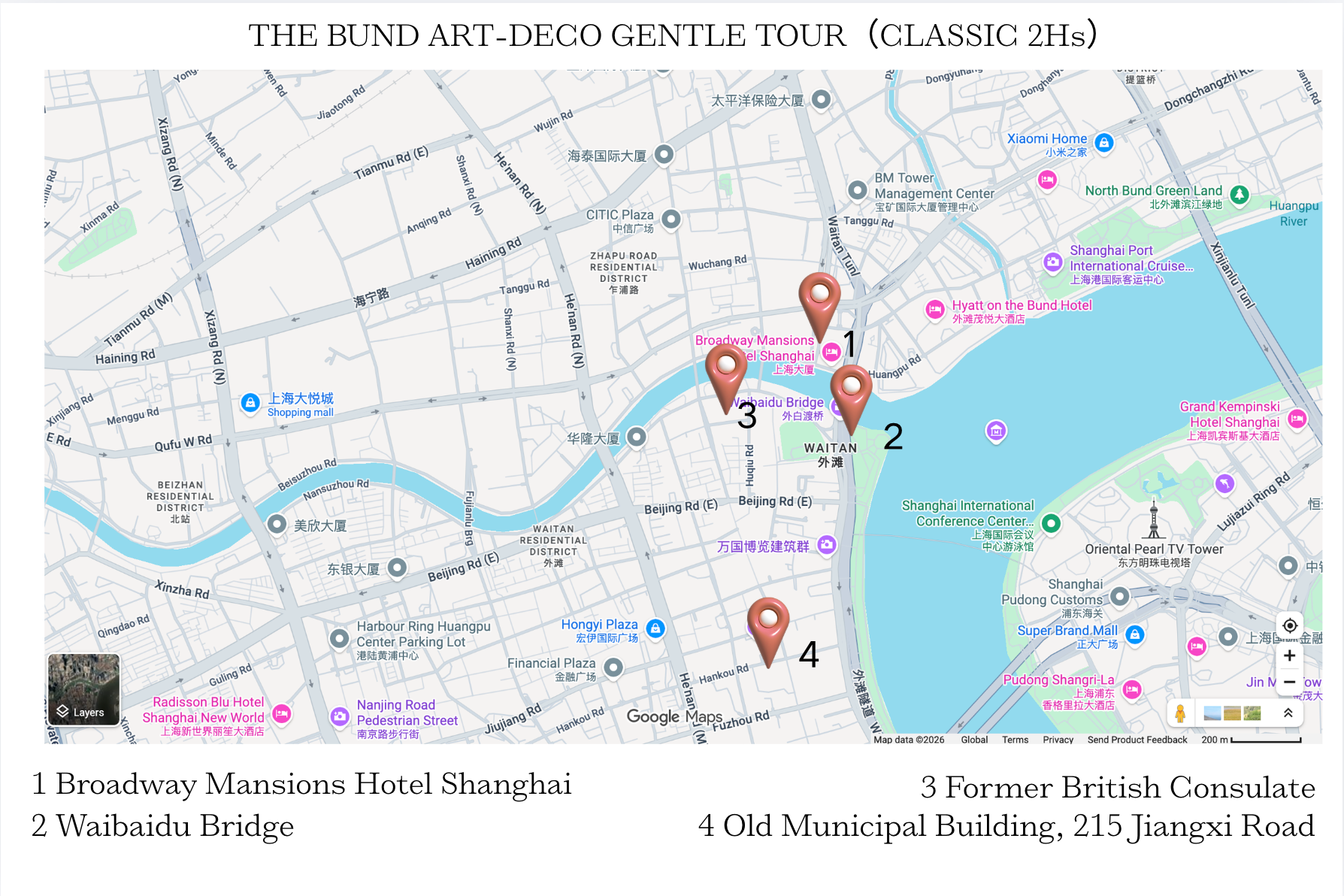 Map of the classic two-hour Bund Art Deco walking route with four numbered stops