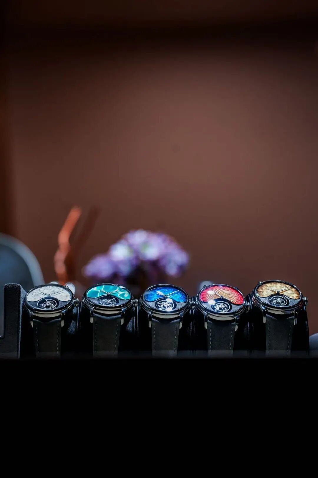 Five tourbillon watches displayed together from the Shanghai-inspired series